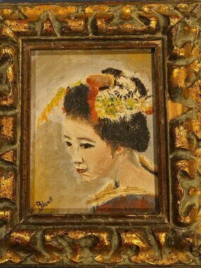 Vintage Signed ALICE BLUNK Oil Portrait - Japanese Geisha - Ornate Gold